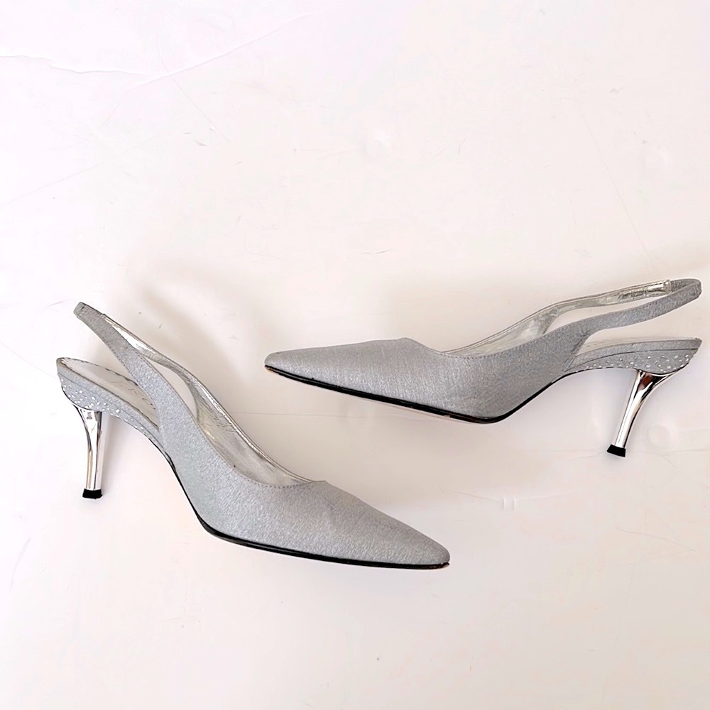 J.Renee Classy Samsl Satin Rhinestone Sling Back Silver Heels